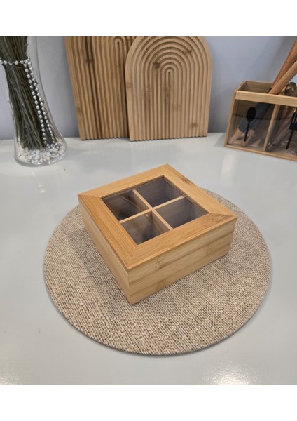 Bambu 4 Bölmeli Çerezlik Organizer – Doğal Bambu Sunumluk - Bambu Atıştırmalık Kutusu - Bambu Düzenleyici