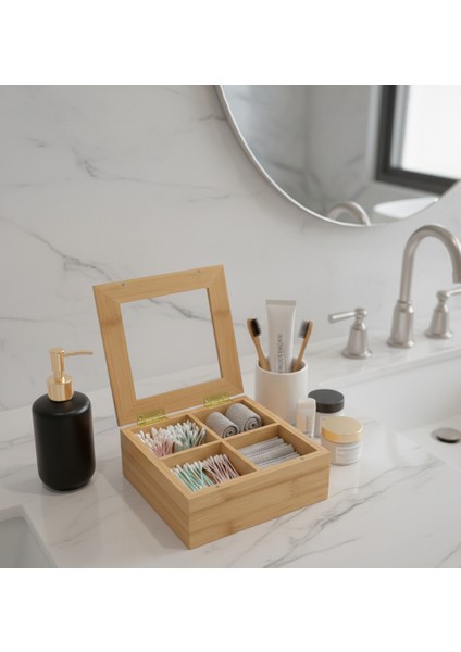 Bambu 4 Bölmeli Çerezlik Organizer – Doğal Bambu Sunumluk - Bambu Atıştırmalık Kutusu - Bambu Düzenleyici