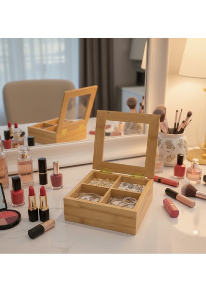 Bambu 4 Bölmeli Çerezlik Organizer – Doğal Bambu Sunumluk - Bambu Atıştırmalık Kutusu - Bambu Düzenleyici