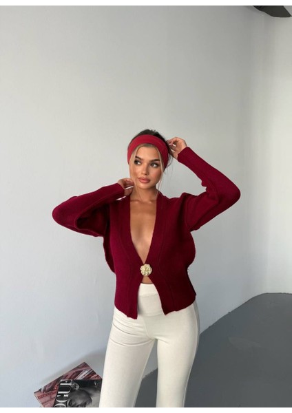 Bordo Gold Aksesuralı Triko Hırka