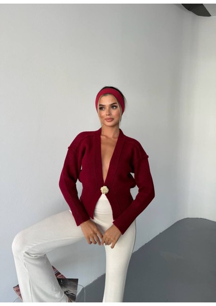 Bordo Gold Aksesuralı Triko Hırka modelleri