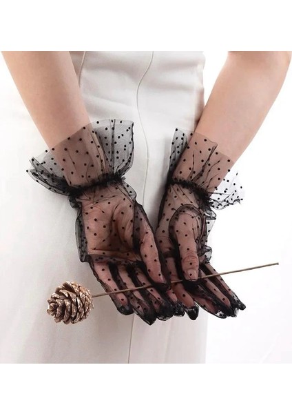 Kısa Boy Güpürlü Siyah Puantiyeli Tül Eldiven Siyah Renk indirimleri
