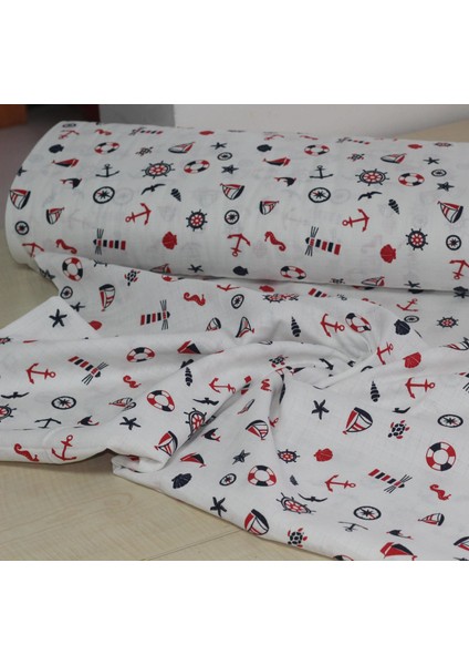 %100 Pamuk Denizci Temalı Çapa & Dümen Desenli Müslin Kumaş 100*180 cm Metrelik Müslin Kumaş