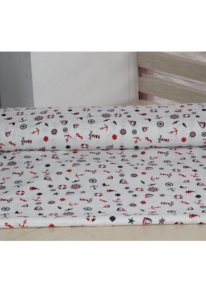 %100 Pamuk Denizci Temalı Çapa & Dümen Desenli Müslin Kumaş 100*180 cm Metrelik Müslin Kumaş fiyatları