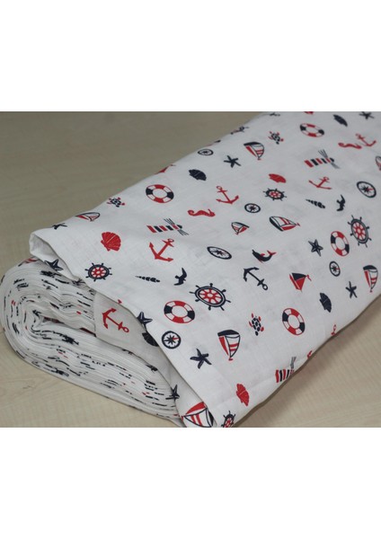 %100 Pamuk Denizci Temalı Çapa & Dümen Desenli Müslin Kumaş 100*180 cm Metrelik Müslin Kumaş modelleri