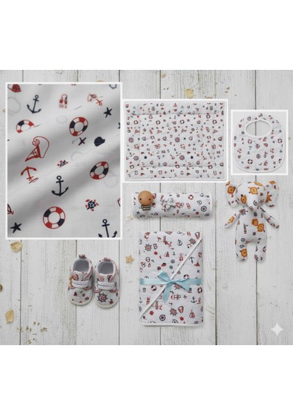 %100 Pamuk Denizci Temalı Çapa & Dümen Desenli Müslin Kumaş 100*180 cm Metrelik Müslin Kumaş fırsatları