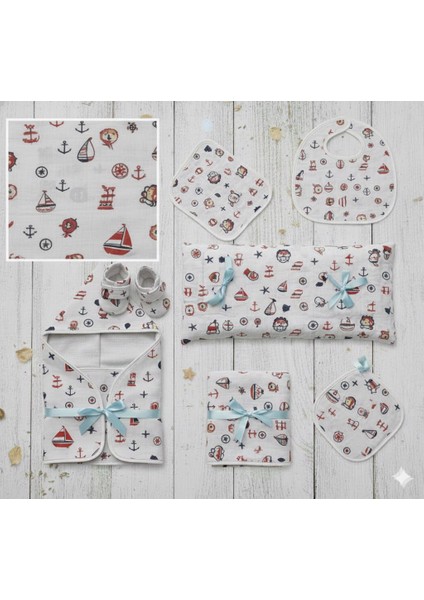 %100 Pamuk Denizci Temalı Çapa & Dümen Desenli Müslin Kumaş 100*180 cm Metrelik Müslin Kumaş