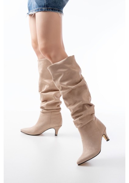 ZRİN-2001 Bej Süet Ince Topuklu Körüklü Premium Kadın Çizme