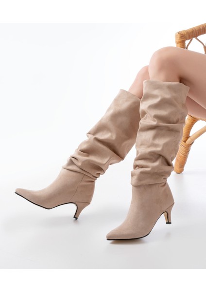 ZRİN-2001 Bej Süet Ince Topuklu Körüklü Premium Kadın Çizme modelleri