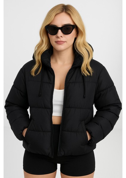 Kadın Kapşonlu Şişme Mont-Siyah