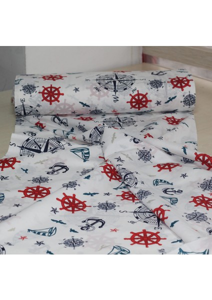 Denizci Temalı Çapa & Dümen Desenli Pamuklu Nevresimlik Kumaş 100*240 cm Metrelik Çarşaf Yastık Ev Tekstil Kumaşı