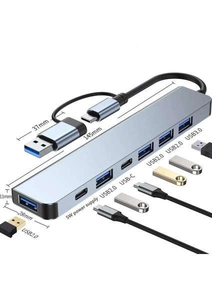 Type-C Adaptör 7in1 USB 3.0 & 2.0 Hub Type-C Çoklayıcı Dönüştürücü Hızlı Şarj Destekli Macbook Laptop Tablet Uyumlu USB Çevirici Macbook Uyumlu