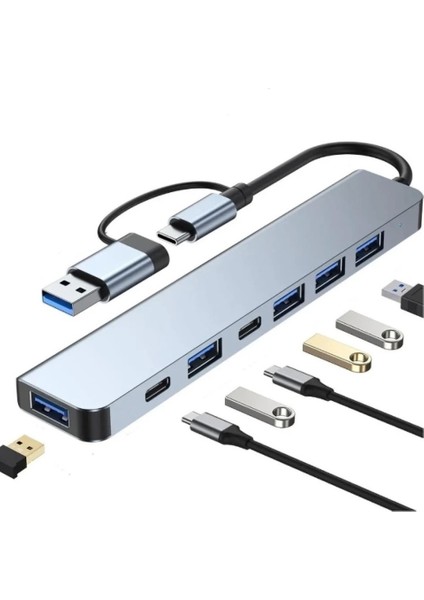 Type-C Adaptör 7in1 USB 3.0 & 2.0 Hub Type-C Çoklayıcı Dönüştürücü Hızlı Şarj Destekli Macbook Laptop Tablet Uyumlu USB Çevirici Macbook Uyumlu modelleri