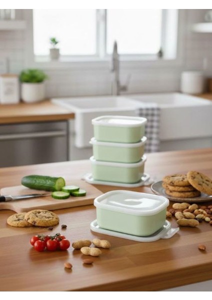 Yeşil 4 Adet Saklama Kabı Seti - Sızdırmaz Kapaklı Kahvaltılık Çerezlik Saklama Kutusu