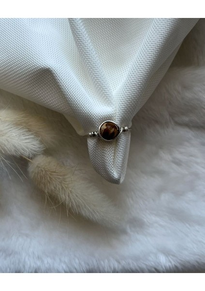 Odun Jasper Taşı Gümüş Renk Ayarlanabilir Tel Yüzük