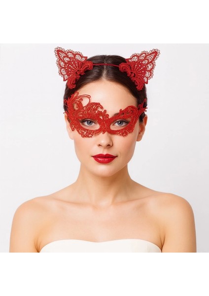 kırmızı dantel maske ve taç seti 1 no - kostüm seti modelleri