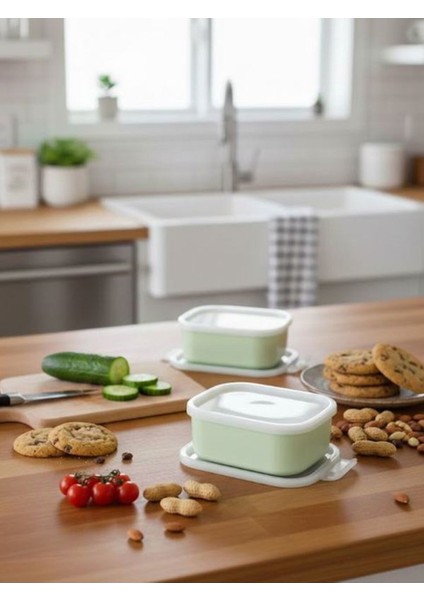 Yeşil 2 Adet Saklama Kabı Seti - Sızdırmaz Kapaklı Kahvaltılık Çerezlik Saklama Kutusu