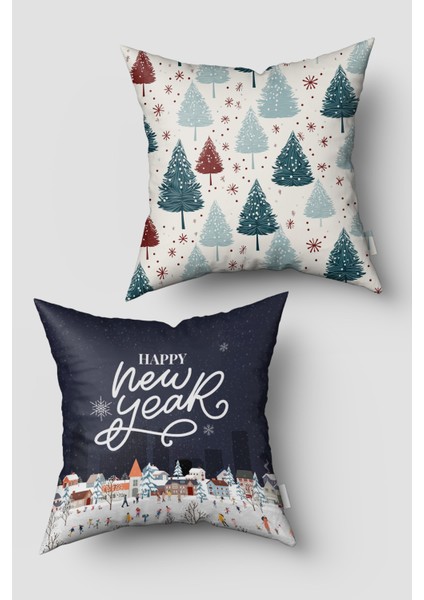 Lacivert Happy New Year Çam Ağacı Yılbaşı Kırlent Kılıfı Seti 2'li