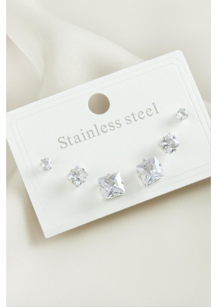 6 Adet Kare Zirkon Taşlı Çelik Küpe