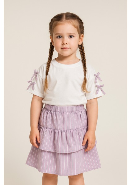 Kız Çocuk Kat Kesimli Mor Etek ve Kolları Fiyonklu Tişört Ikili Takım