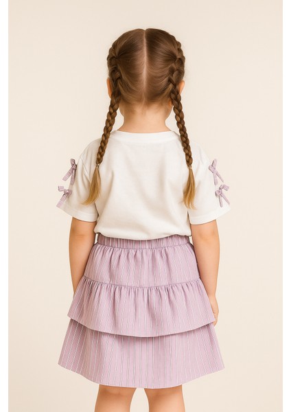 Kız Çocuk Kat Kesimli Mor Etek ve Kolları Fiyonklu Tişört Ikili Takım fiyatları