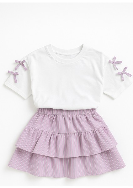 Kız Çocuk Kat Kesimli Mor Etek ve Kolları Fiyonklu Tişört Ikili Takım modelleri