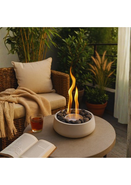 Bioethanol Masa Şöminesi – Modern, Kokusuz ve Siyah Taşlı Set (Bioethanol + Yedek Hazne Hediye )