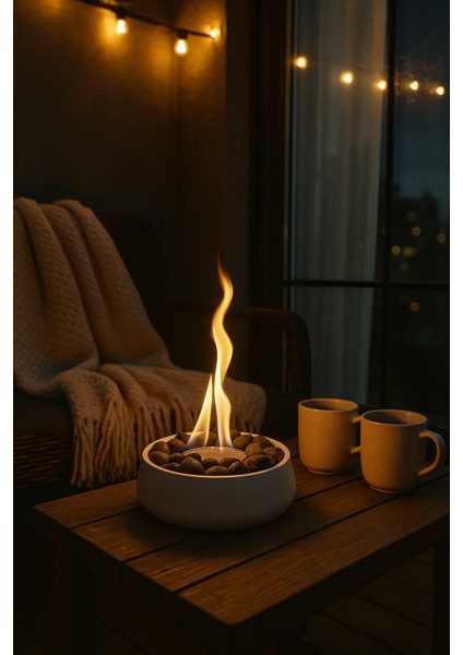 Bioethanol Masa Şöminesi – Modern, Kokusuz ve Siyah Taşlı Set (Bioethanol + Yedek Hazne Hediye )