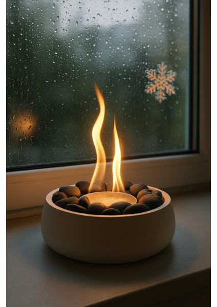 Bioethanol Masa Şöminesi – Modern, Kokusuz ve Siyah Taşlı Set (Bioethanol + Yedek Hazne Hediye )