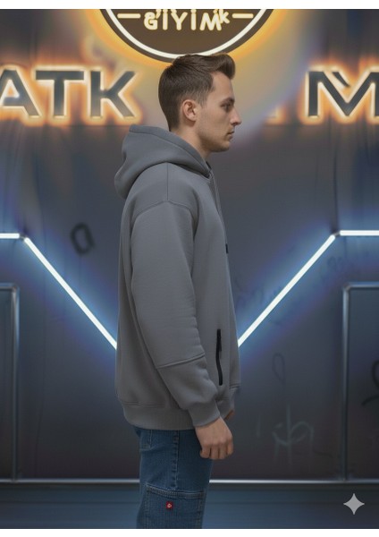 Unisex Relax Fit Rahat Kesim Pamuklu Içi Polarlı Çift Cepli Fermuarlı Beyaz Kapüşonlu Sweatshirt fırsatları