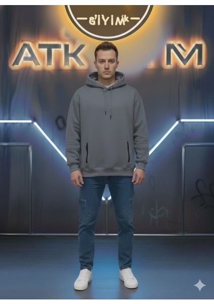 Unisex Relax Fit Rahat Kesim Pamuklu Içi Polarlı Çift Cepli Fermuarlı Beyaz Kapüşonlu Sweatshirt