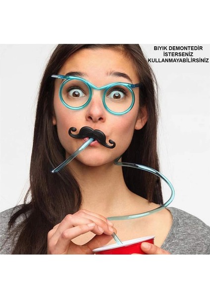 Pipetli Parti Gözlüğü - Çocuk ve Yetişkin Bıyıklı Pipet Gözlük Mavi Renk 18X14 cm