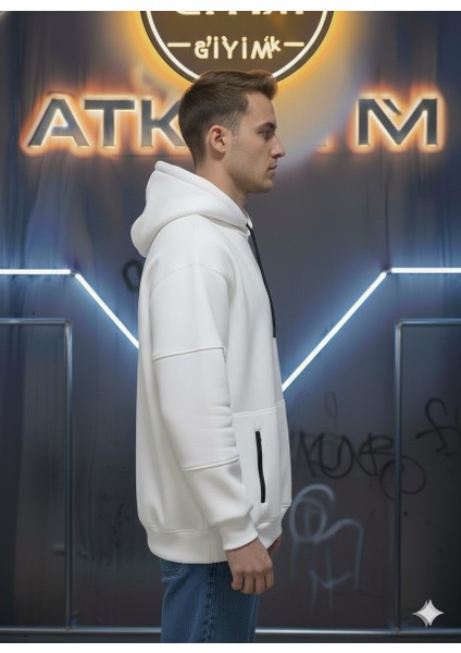 Unisex Relax Fit Rahat Kesim Pamuklu Içi Polarlı Çift Cepli Fermuarlı Beyaz Kapüşonlu Sweatshirt fiyatları