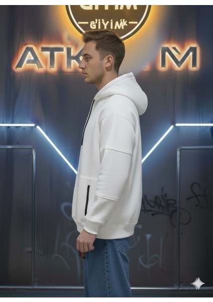 Unisex Relax Fit Rahat Kesim Pamuklu Içi Polarlı Çift Cepli Fermuarlı Beyaz Kapüşonlu Sweatshirt modelleri