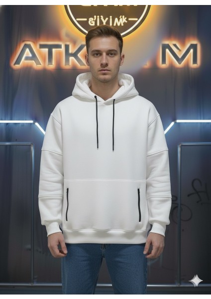 Unisex Relax Fit Rahat Kesim Pamuklu Içi Polarlı Çift Cepli Fermuarlı Beyaz Kapüşonlu Sweatshirt