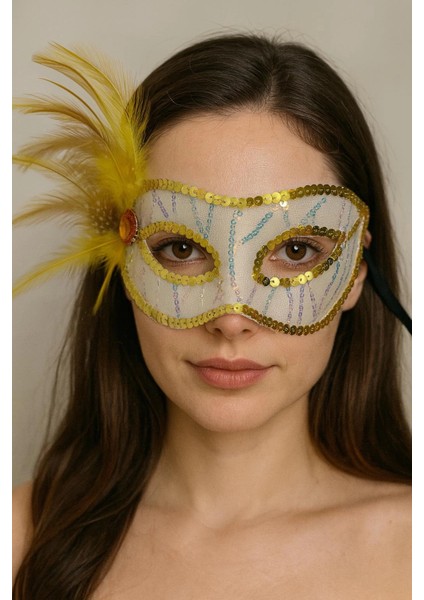 Altın Renk Yandan Tüylü Pul Payet Işlemeli Parti Maskesi 23X12 cm fiyatları