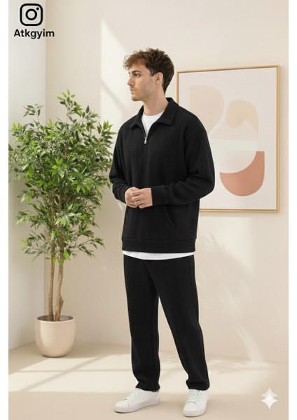 Erkek Oversize Fit Kadife Dokulu Eşofman Takımı **fermuarlı Ceket Veya Yarım Fermarlı Sweatshırt** Baggy Pantolon Yeşil**siyah**bej**