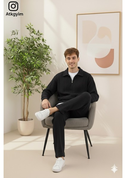 Erkek Oversize Fit Kadife Dokulu Eşofman Takımı **fermuarlı Ceket Veya Yarım Fermarlı Sweatshırt** Baggy Pantolon Yeşil**siyah**bej** modelleri