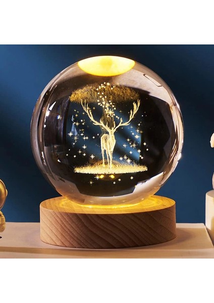 Dekoratif Geyik Tasarımlı Ahşap Altlıklı Işıklı Cam Küre Büyük Boy Cam:8cm Ahşap:2cm