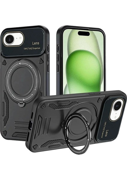 MYT09 iPhone 16E Kılıf Joy Lens Standlı Kapak - Siyah