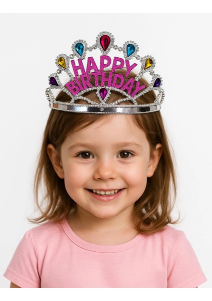 Gümüş Renk Happy Birthday Yazılı Doğum Günü Tacı 60 cm