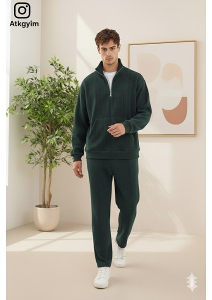 Erkek Oversize Fit Kadife Dokulu Eşofman Takımı **fermuarlı Ceket Veya Yarım Fermarlı Sweatshırt** Baggy Pantolon Yeşil**siyah**bej**