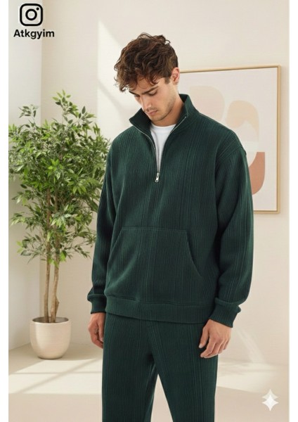 Erkek Oversize Fit Kadife Dokulu Eşofman Takımı **fermuarlı Ceket Veya Yarım Fermarlı Sweatshırt** Baggy Pantolon Yeşil**siyah**bej** fırsatları