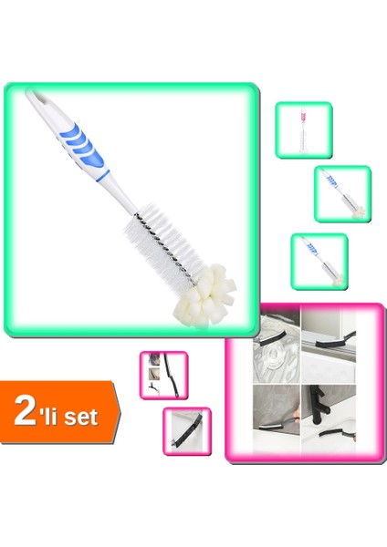 Şişe Biberon Temizleme Fırçası + Ince Kıl Kavisli Detay Banyo Mutfak Temizlik Fırçası - 2li Set X5H1