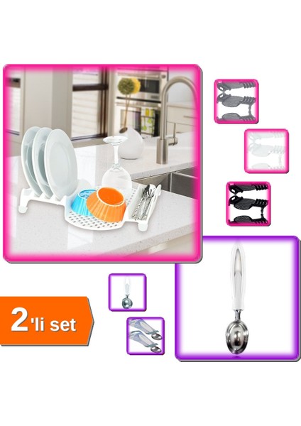Multi Bulaşıklık Tabaklık Kurutmalık + Metal Dondurma Kaşığı Dondurma Kepçesi - 2li Set J6S0V0