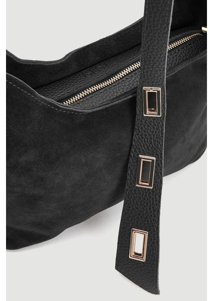 %100 Hakiki Süet Deri Fermuar Kapama ve Iç Cep Detaylı Kadın Omuz Çantası