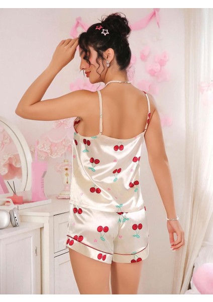 Kadın Ekru Kiraz Desenli Saten Şort Pijama Takımı 2226 fiyatları