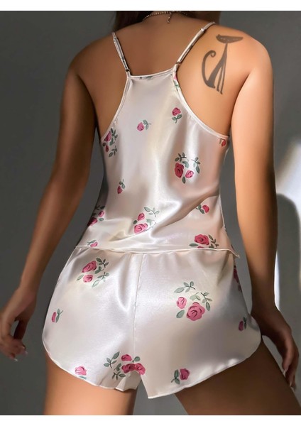 Kadın Ekru Gül Desenli Askılı Dantel Üst Pijama Takımı 2222 fiyatları