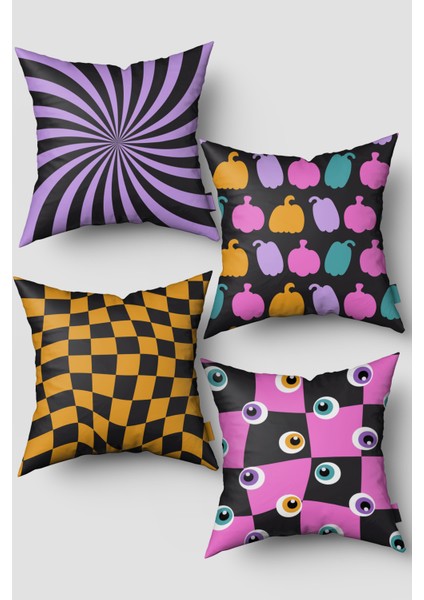 Mor Siyah Halloween Cadılar Bayramı Temalı 4'lü Kırlent Kılıfı Seti