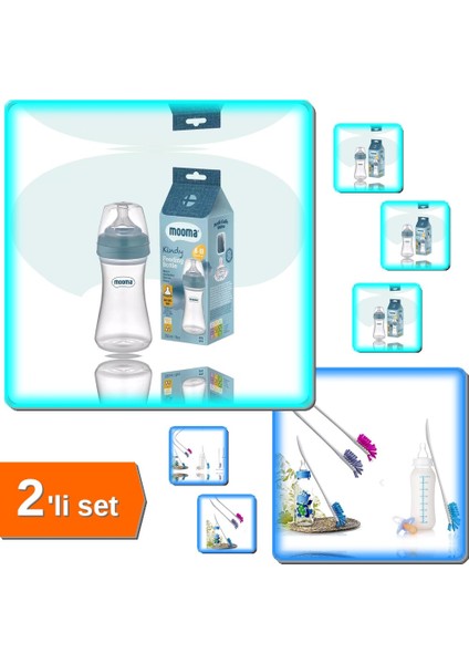 Biberon Anti Kolik Biberon 250 ml 6-18 Ay Orta Akış + Biberon ve Şişe Temizleme Fırçası - 2li Set V4